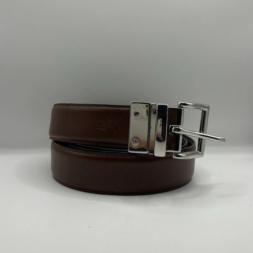 Polo Ralph Lauren Men Leather Silver Tone Metal Reversible Pin Buckle Dress Belt